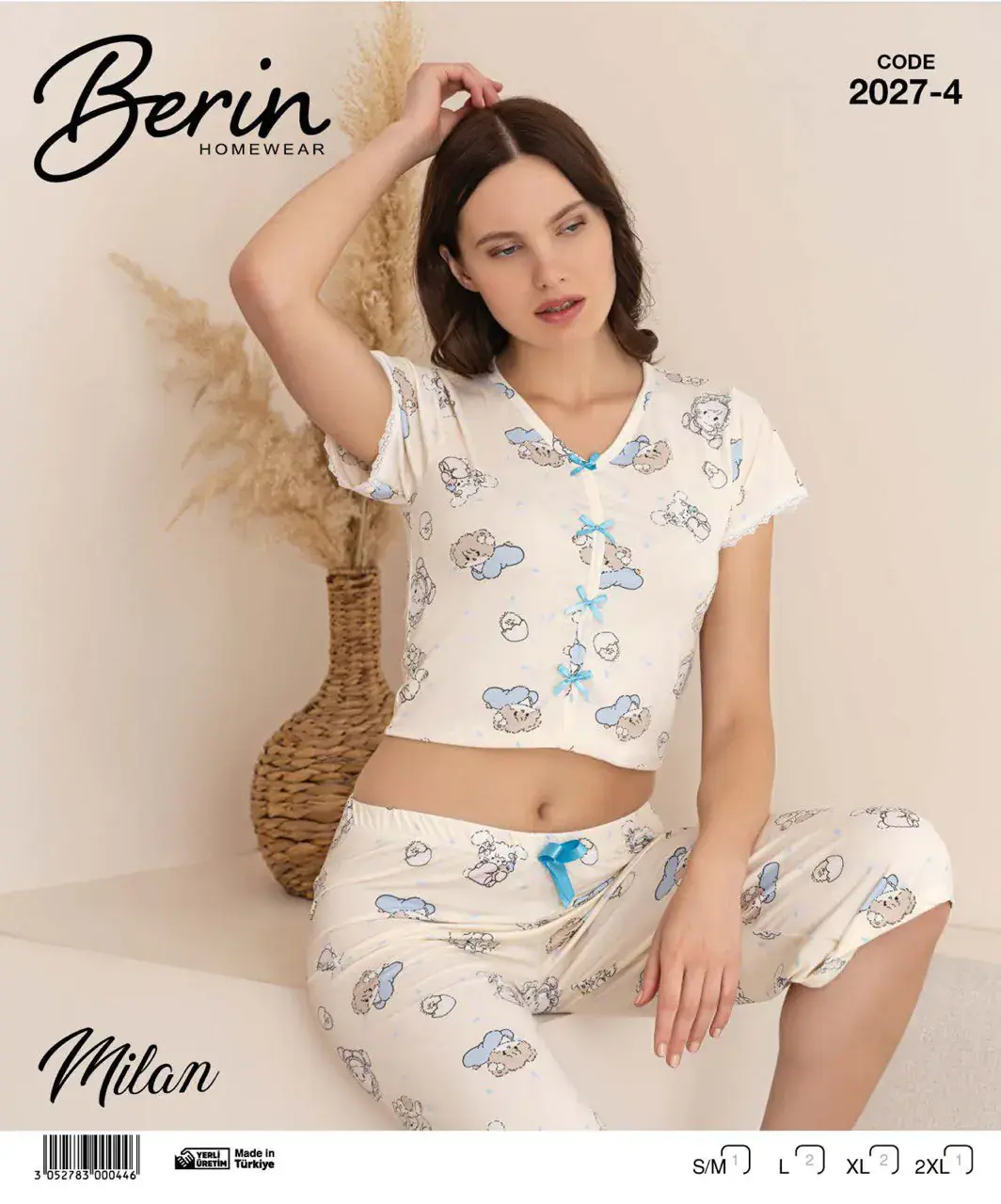 Berin 2027-4 (M-L-XL-XXL) Bayan Krop Kısa Kollu Milan Kapri Pijama Takımı 6'lı