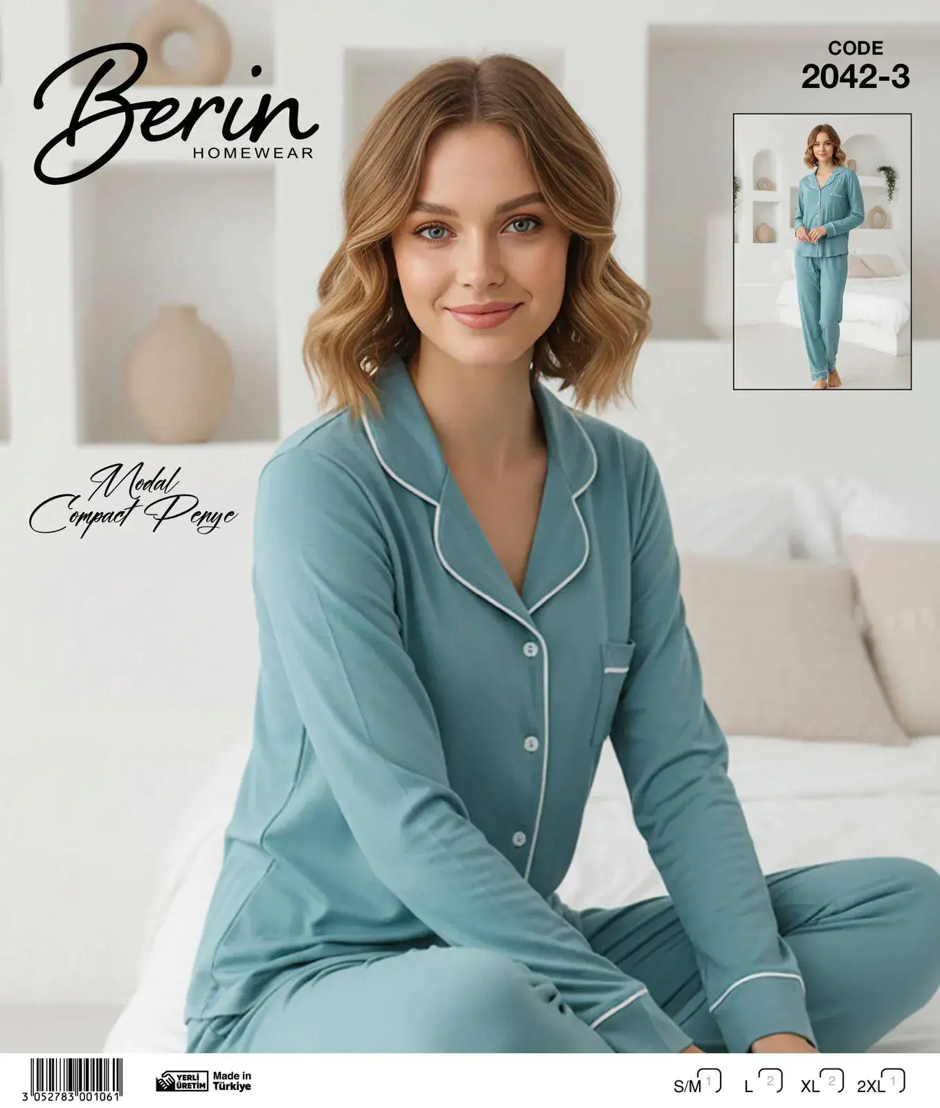 Berin 2042-2 (M-L-XL-XXL) Bayan Uzun Kollu Kompak Pijama Takımı 6'lı