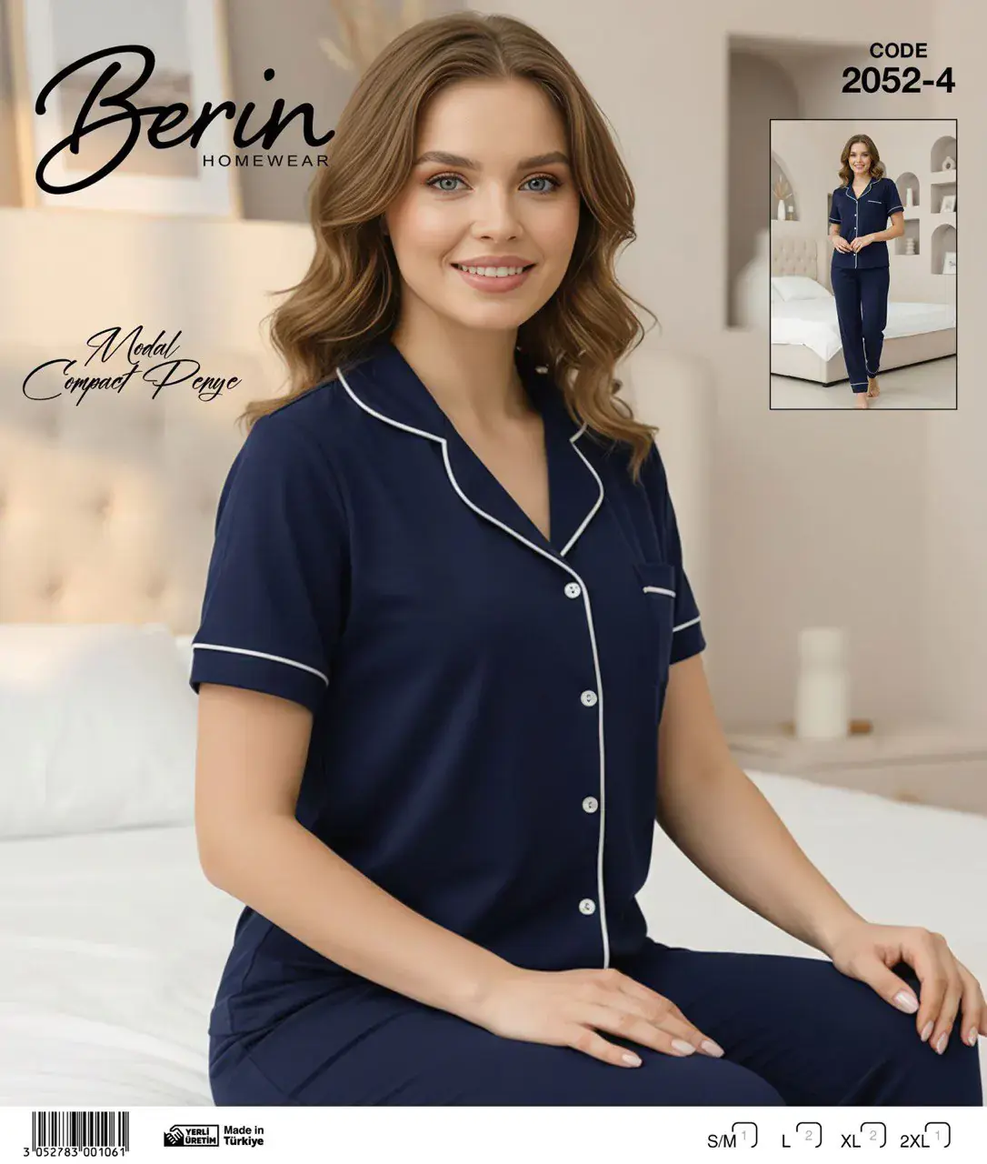 Berin 2052-4 (M-L-XL-XXL) Bayan Kısa Kollu Modal Kompak Penye Pijama Takımı 6'lı
