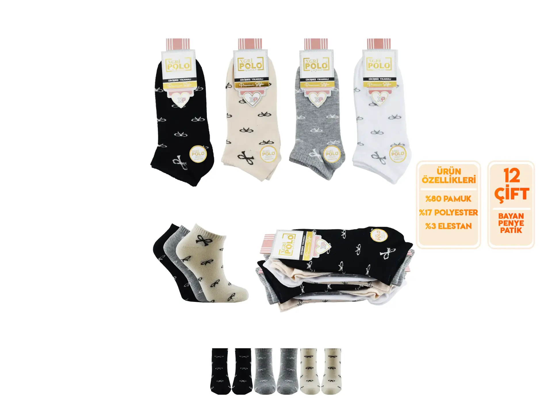 XGRİ POLO B-87-4 (35-40) Yıkamalı Dikişsiz Bayan Penye Patik Çorap 12'li