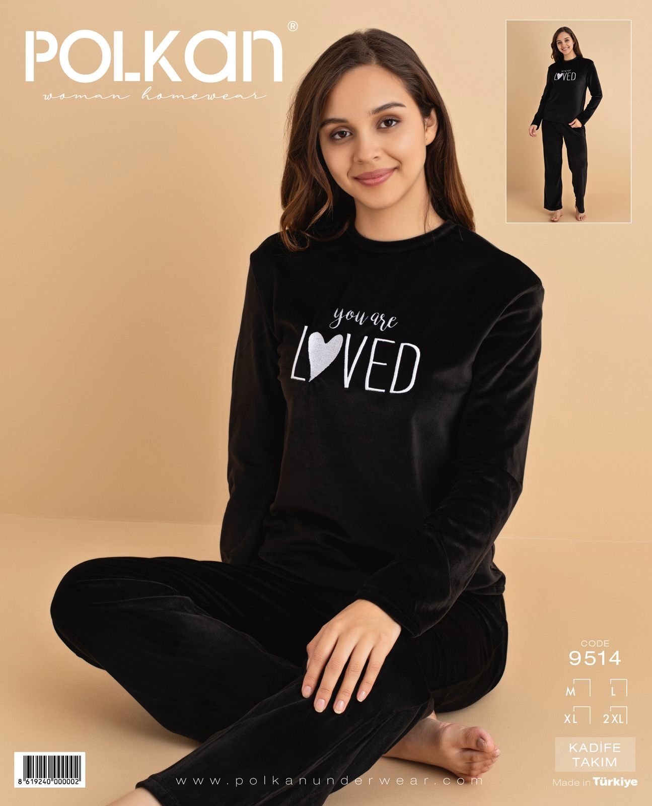 Polkan 9514 (M-L-XL-XXL) Kadife Uzun Kollu Bayan Pijama Takım 4'lü