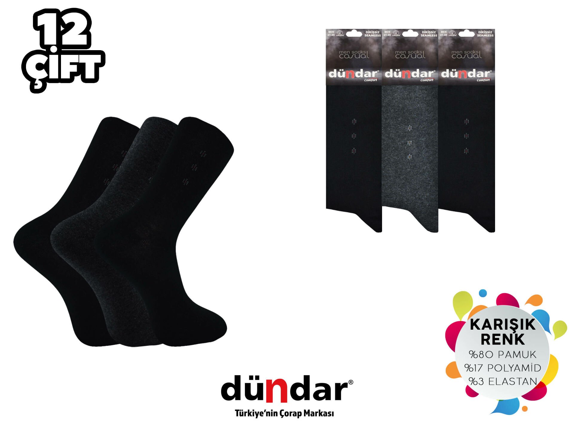 Dündar 003-3 Dikişsiz Erkek Likralı Penye Çorap 12'li