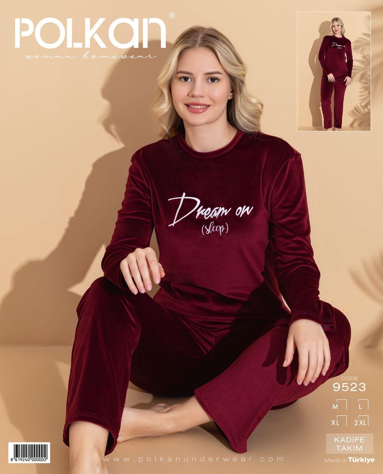 Polkan 9523 (M-L-XL-XXL) Kadife Uzun Kollu Bayan Pijama Takım 4'lü