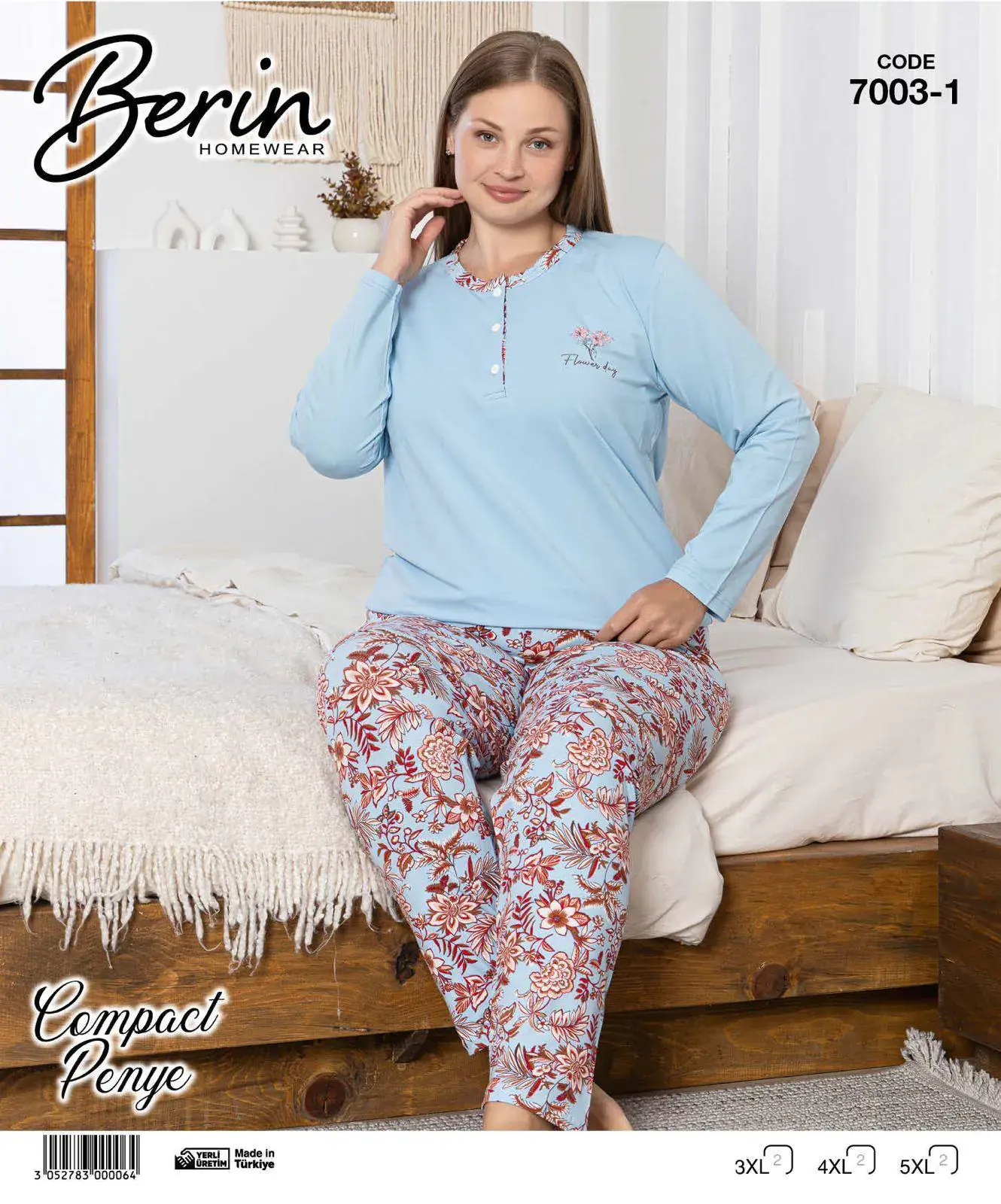 Berin 7003-1 (3XL-4XL-5XL) Bayan Battal Uzun Kollu Kompak Pijama Takımı 6'lı