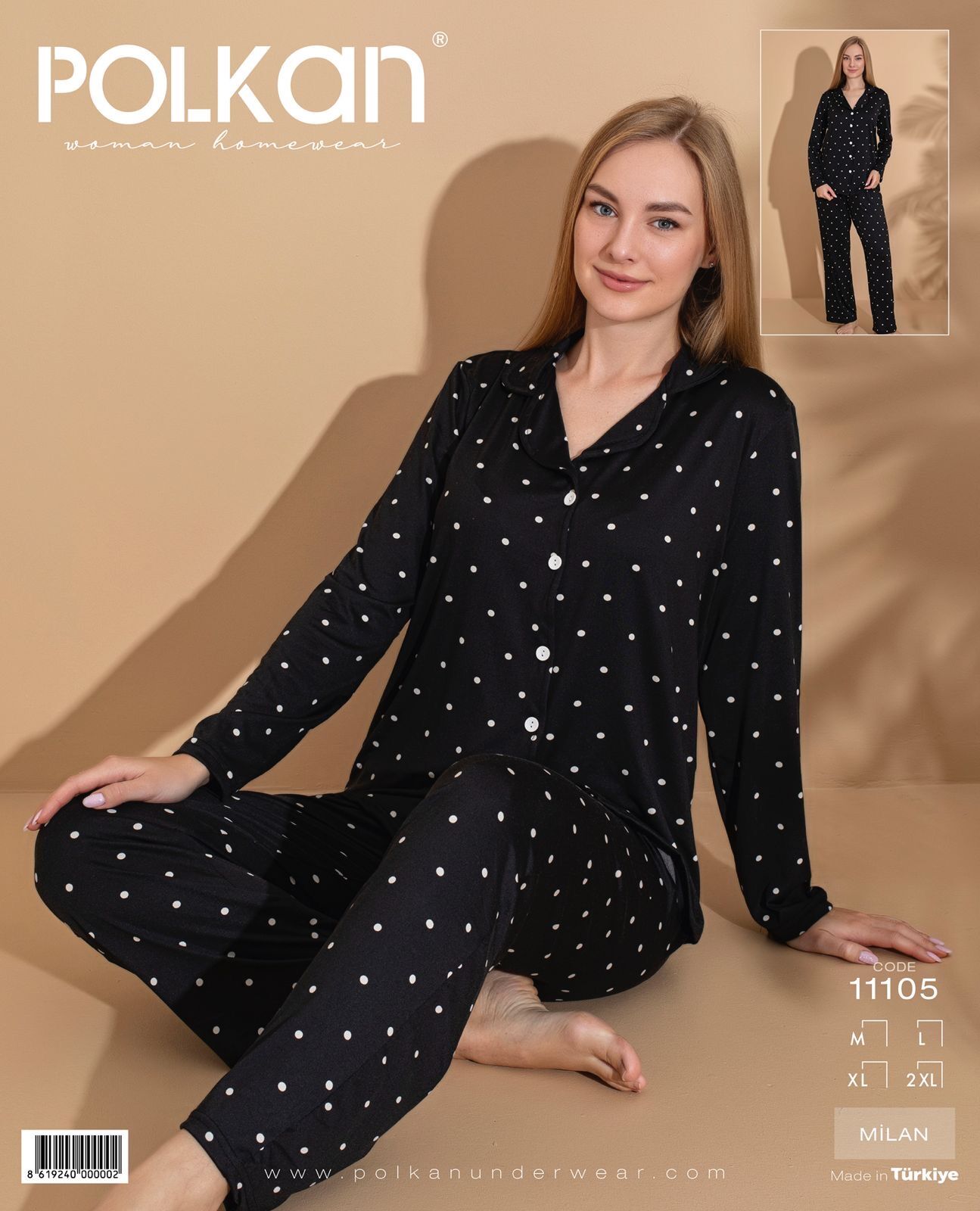 Polkan 11105 (M-L-XL-XXL) Bayan Uzun Kollu Milan Pijama Takım 4'lü