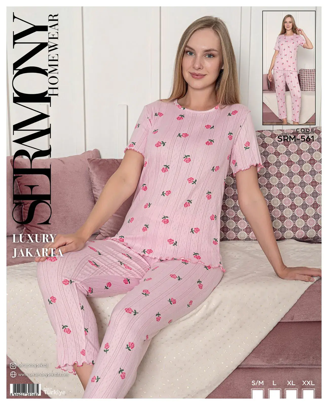 Seramony 561 (S-M-L-XL-XXL) Bayan Jakarlı  Kısa Kollu Pijama Takımı 4'lü