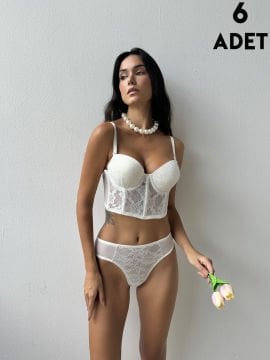 Cansoy 685 Ekru Simli Lez Balenli Destekli Bustiyer Takım 6'lı