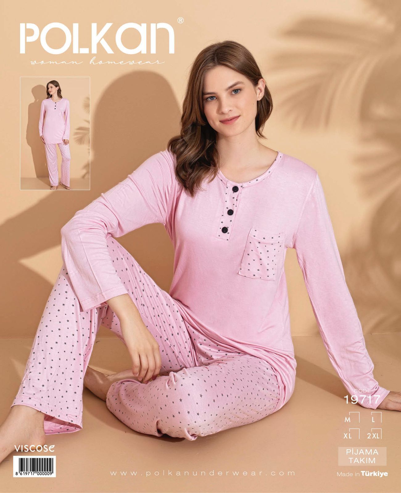 Polkan 19717 (M-L-XL-XXL) Viskon Uzun Kollu Bayan Pijama Takım 4'lü