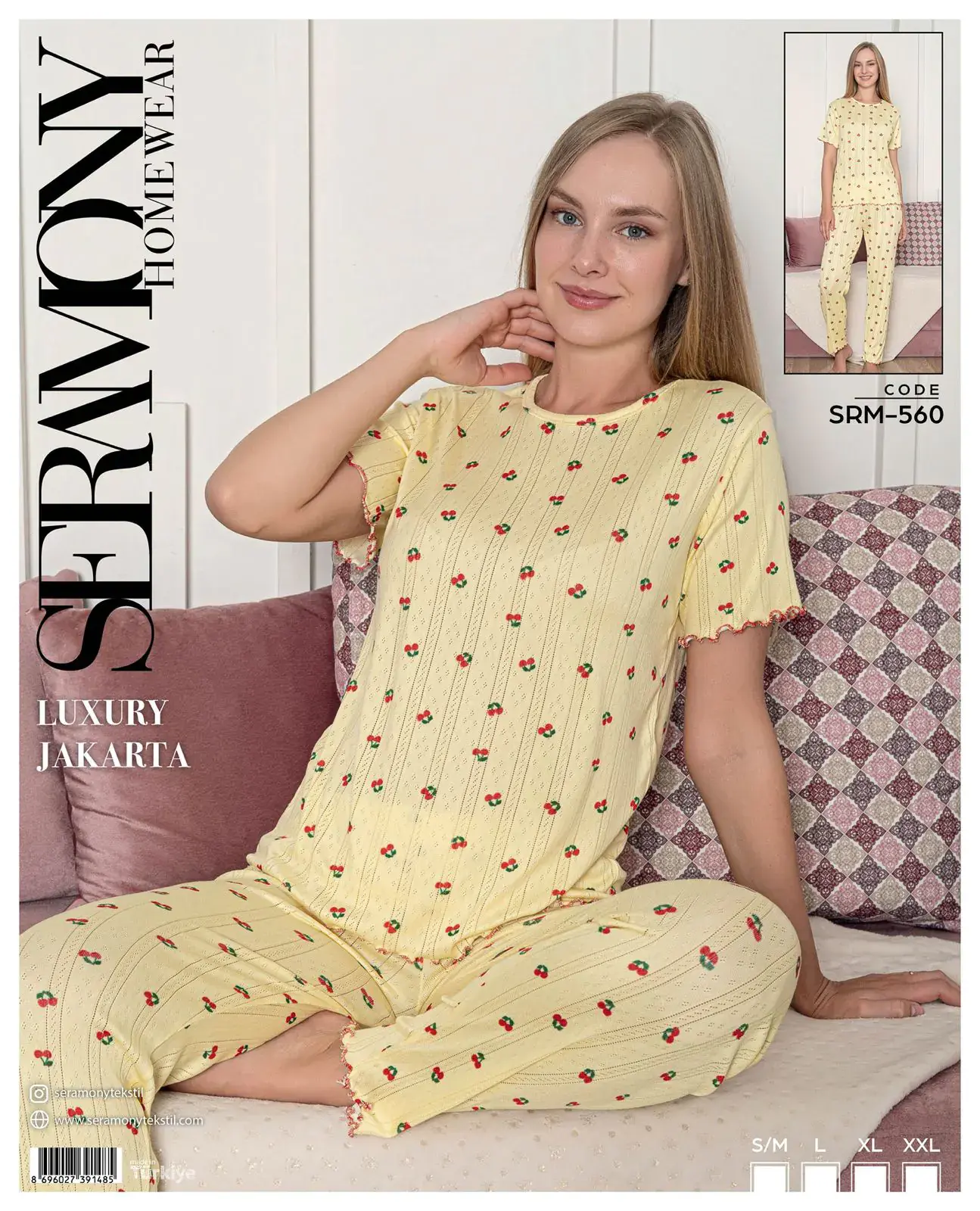 Seramony 560 (S-M-L-XL-XXL) Bayan Jakarlı  Kısa Kollu Pijama Takımı 4'lü