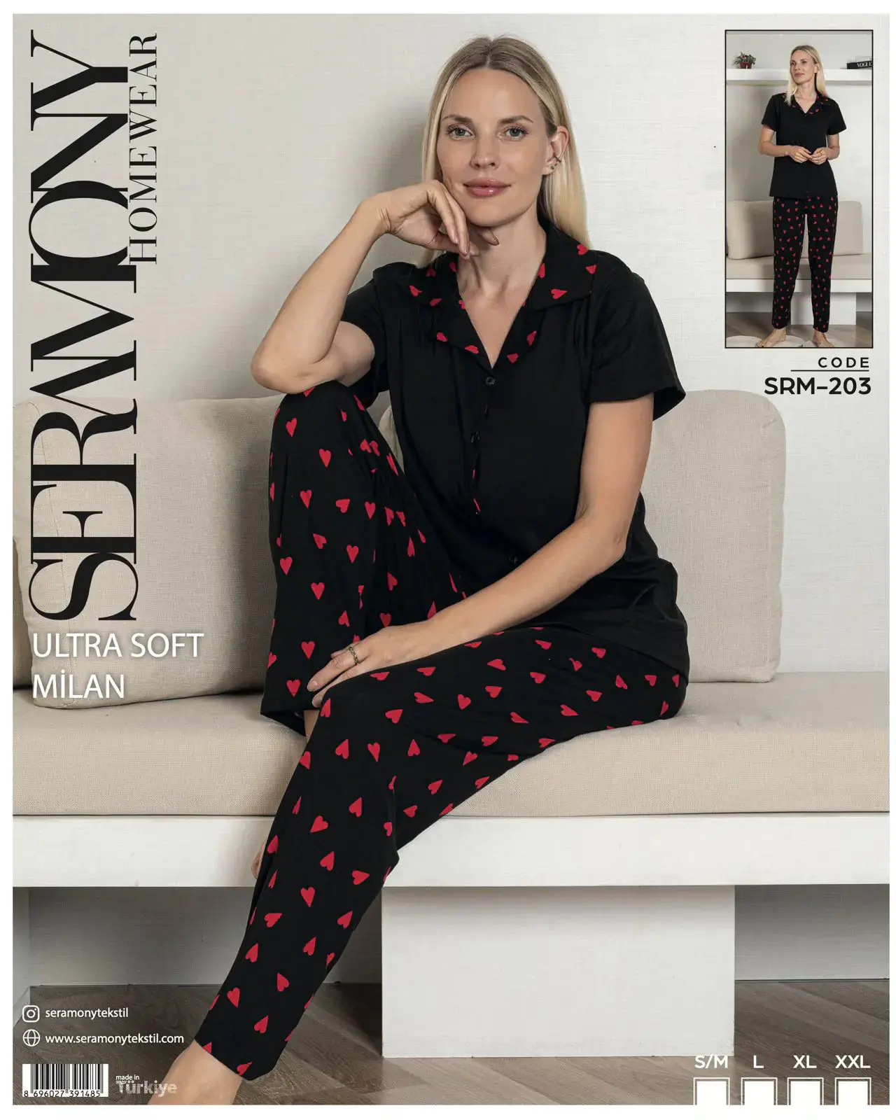 Seramony 203 (S-M-L-XL-XXL) Soft Milan Kısa Kollu Boydan Düğmeli Bayan Pijama Takım 4'lü