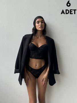 Cansoy 685 Siyah Simli Lez Balenli Destekli Bustiyer Takım 6'lı