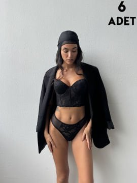 Cansoy 685 Siyah Simli Lez Balenli Destekli Bustiyer Takım 6'lı