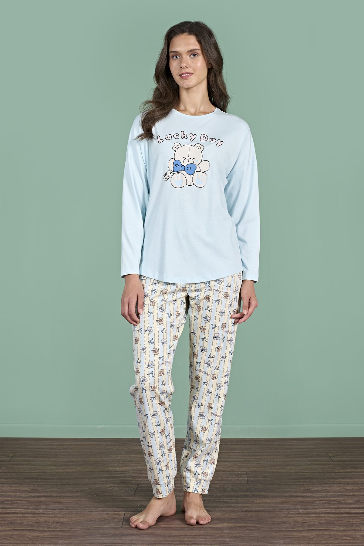 Pijadore 1947 (M-L-XL-XXL) Uzun Kollu Bayan Pijama Takım 4'lü MAVİ - M-L-XL-XXL