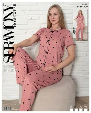 Seramony 300 (S-M-L-XL-XXL) Bayan Jakarlı Fiyonklu  Kısa Kollu Pijama Takımı 4'lü