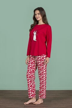 Pijadore 1927 (M-L-XL-XXL) Uzun Kollu Bayan Pijama Takım 4'lü KIRMIZI - M-L-XL-XXL