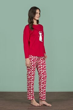 Pijadore 1927 (M-L-XL-XXL) Uzun Kollu Bayan Pijama Takım 4'lü KIRMIZI - M-L-XL-XXL