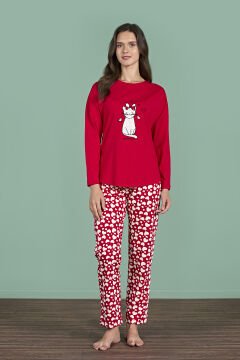 Pijadore 1927 (M-L-XL-XXL) Uzun Kollu Bayan Pijama Takım 4'lü KIRMIZI - M-L-XL-XXL