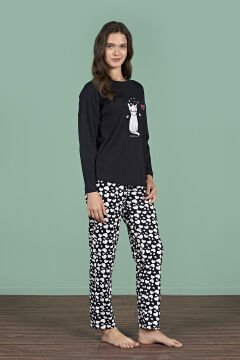 Pijadore 1927 (M-L-XL-XXL) Uzun Kollu Bayan Pijama Takım 4'lü SİYAH - M-L-XL-XXL