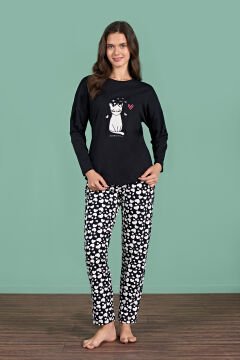 Pijadore 1927 (M-L-XL-XXL) Uzun Kollu Bayan Pijama Takım 4'lü SİYAH - M-L-XL-XXL