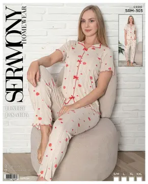 Seramony 303 (S-M-L-XL-XXL) Bayan Jakarlı Fiyonklu  Kısa Kollu Pijama Takımı 4'lü