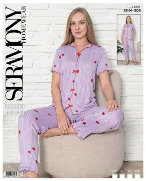 Seramony 308 (S-M-L-XL-XXL) Bayan Jakarlı Fiyonklu  Kısa Kollu Pijama Takımı 4'lü