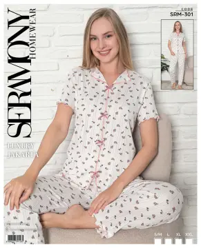 Seramony 301 (S-M-L-XL-XXL) Bayan Jakarlı Fiyonklu  Kısa Kollu Pijama Takımı 4'lü