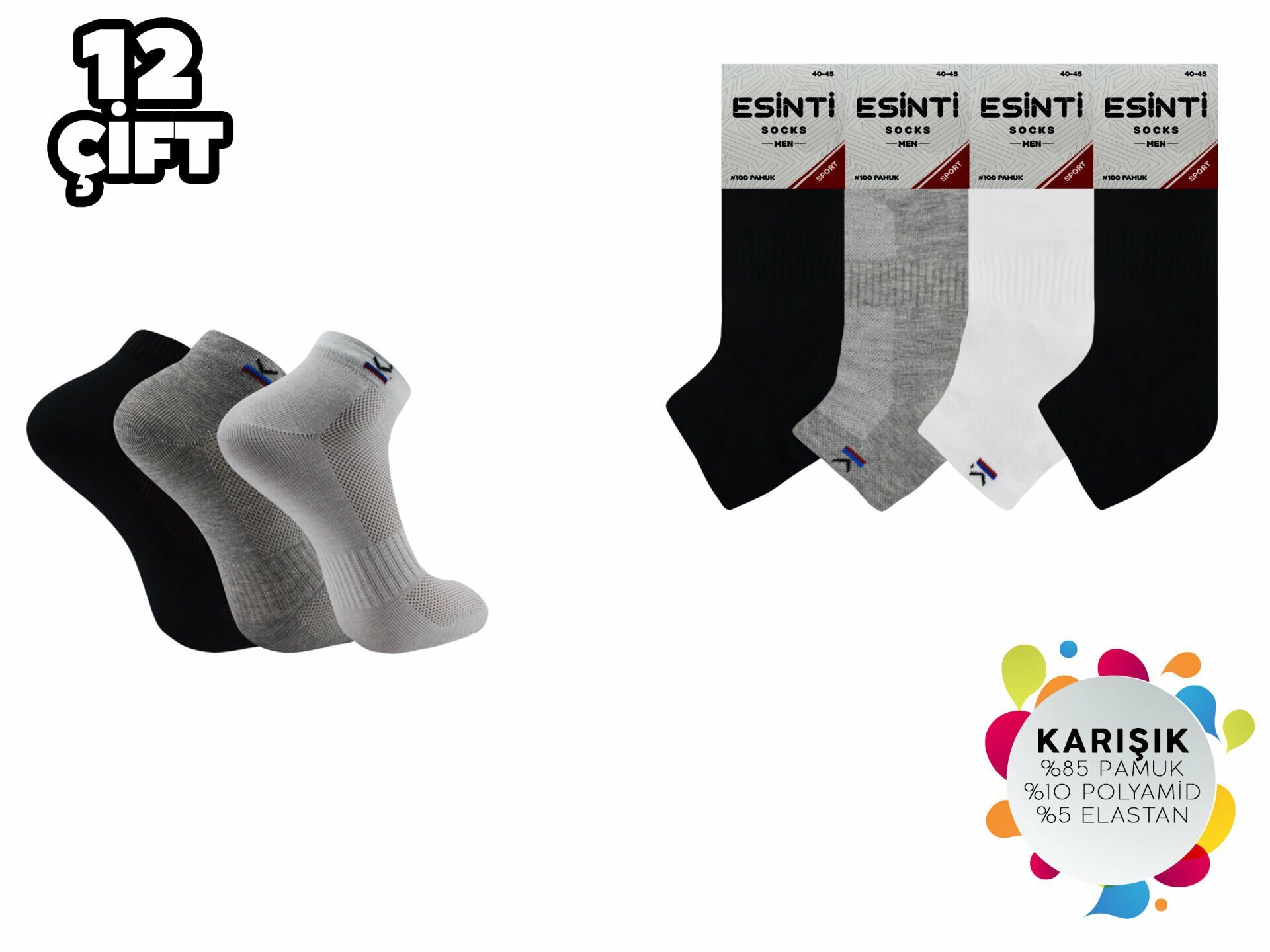 Esinti 19-5 %100 Pamuk Erkek Penye Patik 12'li