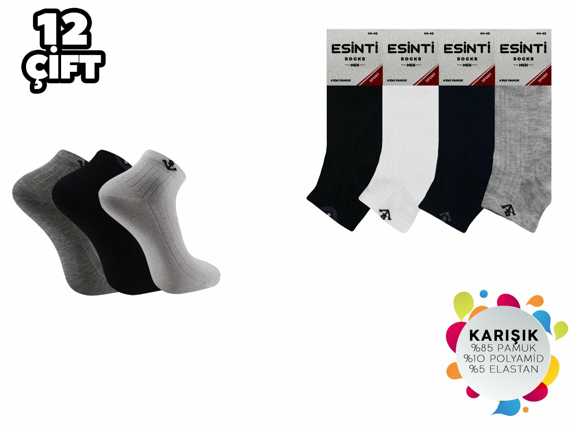 Esinti 19-4 %100 Pamuk Erkek Penye Patik 12'li