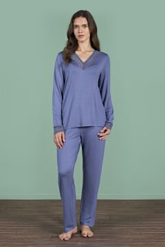 Pijadore 1960 (M-L-XL-XXL) Uzun Kollu Bayan Pijama Takım 4'lü MAVİ - M-L-XL-XXL
