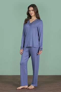 Pijadore 1960 (M-L-XL-XXL) Uzun Kollu Bayan Pijama Takım 4'lü MAVİ - M-L-XL-XXL