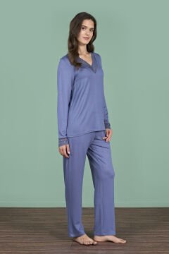 Pijadore 1960 (M-L-XL-XXL) Uzun Kollu Bayan Pijama Takım 4'lü MAVİ - M-L-XL-XXL