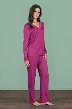 Pijadore 1960 (M-L-XL-XXL) Uzun Kollu Bayan Pijama Takım 4'lü MÜRDÜM - M-L-XL-XXL