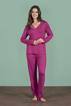 Pijadore 1960 (M-L-XL-XXL) Uzun Kollu Bayan Pijama Takım 4'lü MÜRDÜM - M-L-XL-XXL