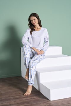 Pijadore 1984 (M-L-XL-XXL) Uzun Kollu Bayan Pijama Takım 4'lü LİLA - M-L-XL-XXL