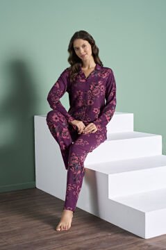 Pijadore 1999 (M-L-XL-XXL) Uzun Kollu Bayan Pijama Takım 4'lü BORDO - M-L-XL-XXL