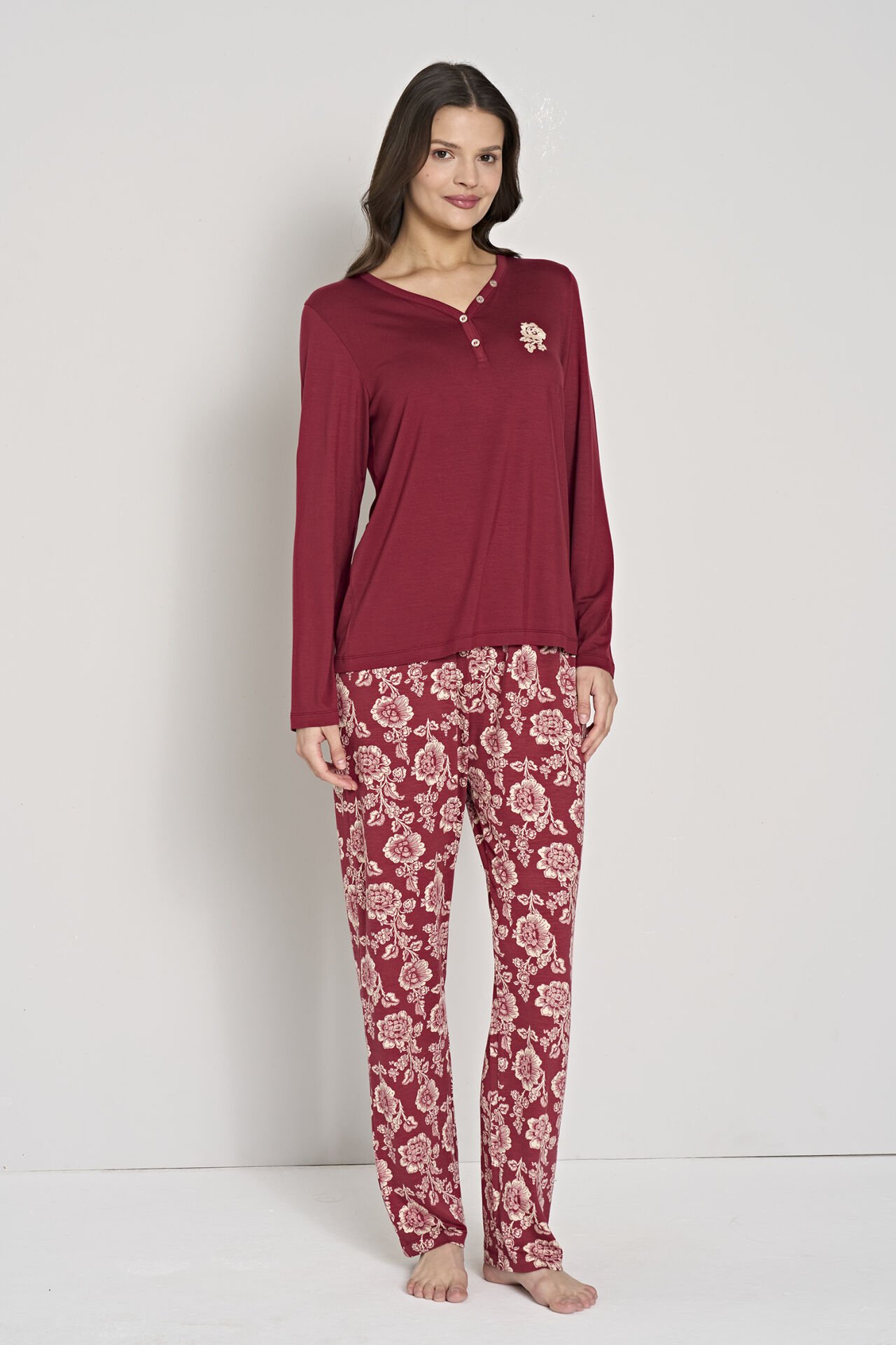 Pijadore 1904 (M-L-XL-XXL) Uzun Kollu Bayan Pijama Takım 4'lü BORDO - M-L-XL-XXL