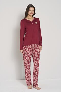 Pijadore 1904 (M-L-XL-XXL) Uzun Kollu Bayan Pijama Takım 4'lü BORDO - M-L-XL-XXL