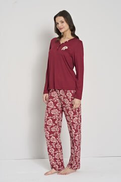 Pijadore 1904 (M-L-XL-XXL) Uzun Kollu Bayan Pijama Takım 4'lü BORDO - M-L-XL-XXL