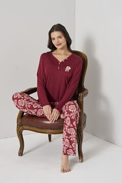 Pijadore 1904 (M-L-XL-XXL) Uzun Kollu Bayan Pijama Takım 4'lü BORDO - M-L-XL-XXL