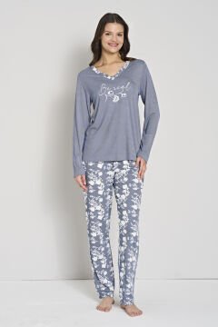 Pijadore 1915 (M-L-XL-XXL) Uzun Kollu Bayan Pijama Takım 4'lü LACİVERT - M-L-XL-XXL