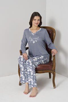 Pijadore 1915 (M-L-XL-XXL) Uzun Kollu Bayan Pijama Takım 4'lü LACİVERT - M-L-XL-XXL