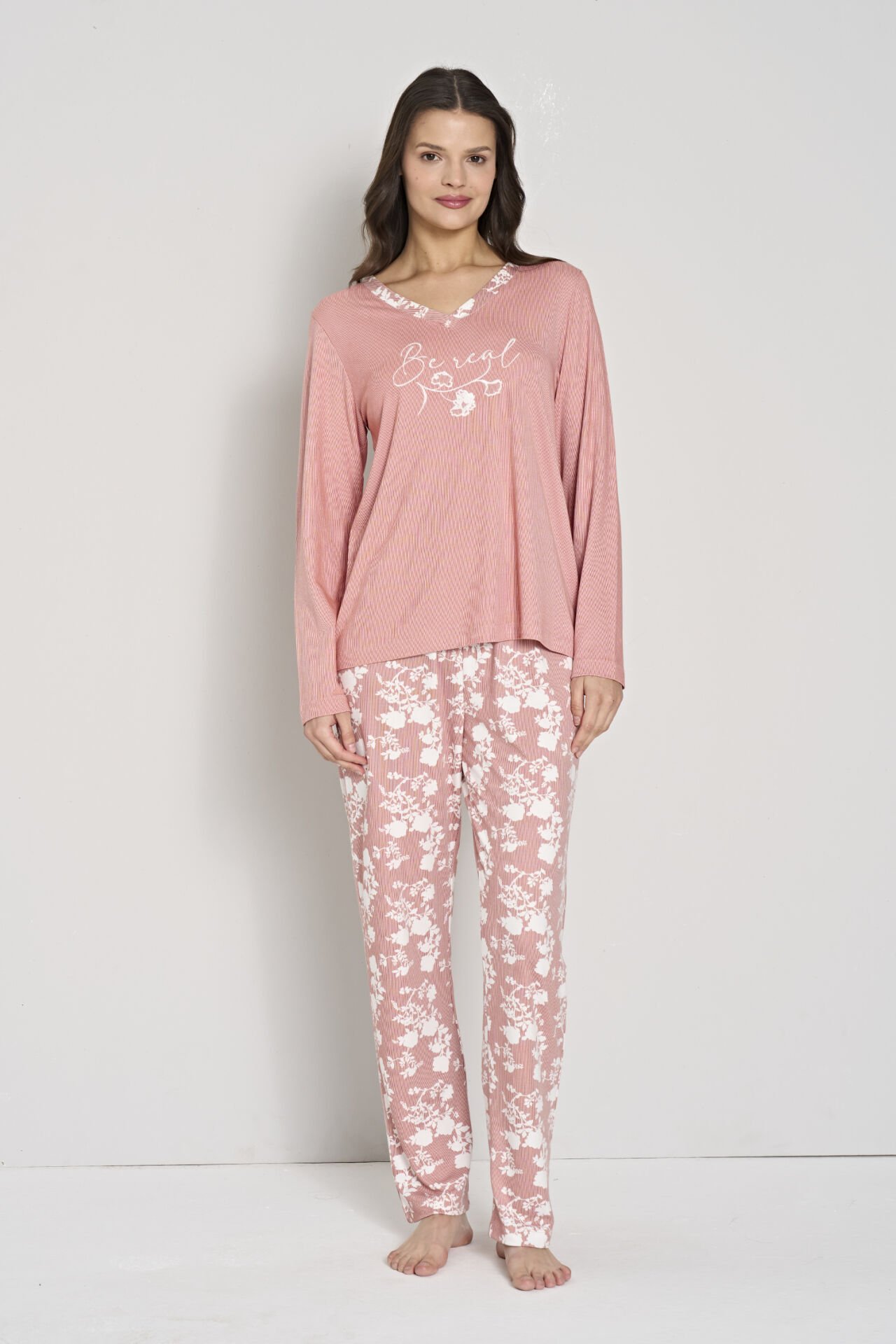 Pijadore 1915 (M-L-XL-XXL) Uzun Kollu Bayan Pijama Takım 4'lü GÜL KURUSU - M-L-XL-XXL