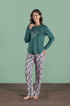 Pijadore 1981 (M-L-XL-XXL) Uzun Kollu Bayan Pijama Takım 4'lü PETROL - M-L-XL-XXL