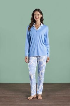 Pijadore 1979 (M-L-XL-XXL) Uzun Kollu Bayan Pijama Takım 4'lü MAVİ - M-L-XL-XXL