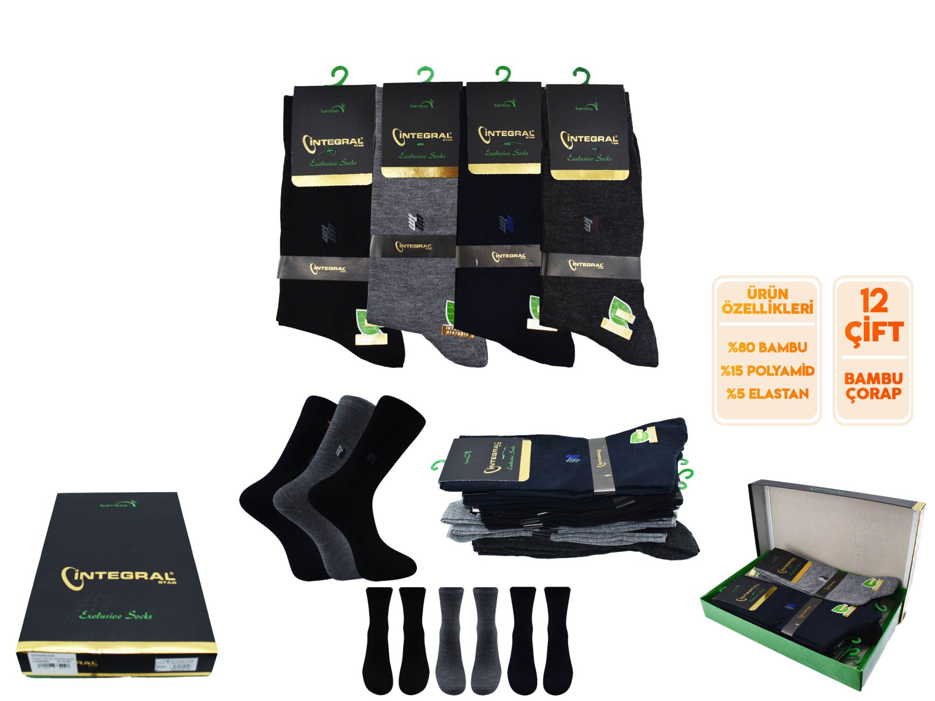 İntegral 1035 (40-44) Erkek Bambu Dikişsiz Mevsimlik Çorap12'li