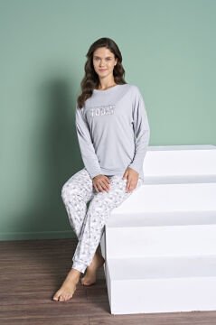 Pijadore 1985 (M-L-XL-XXL) Uzun Kollu Bayan Pijama Takım 4'lü GRİ - M-L-XL-XXL