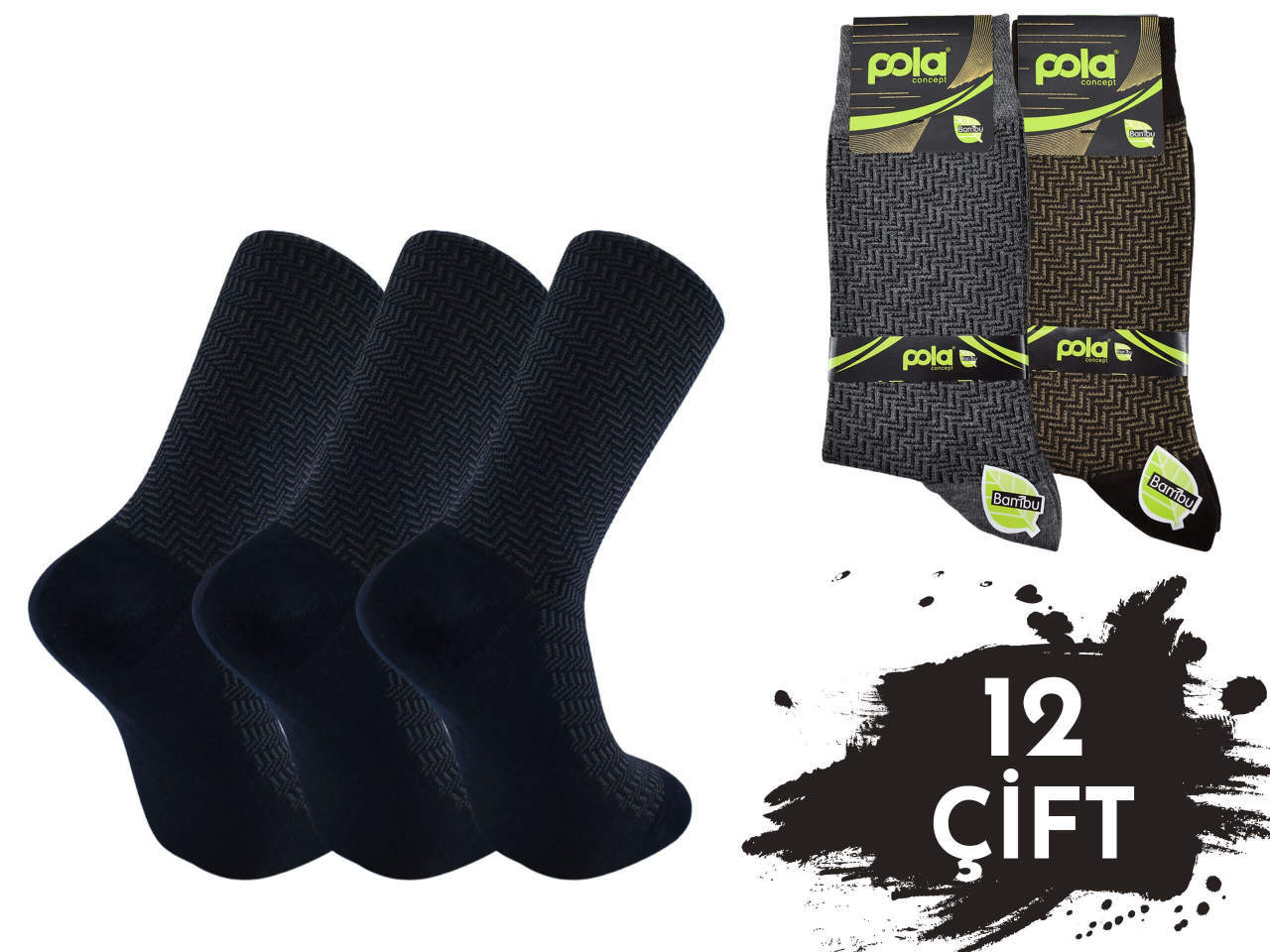 Pola 1516 Dört Mevsim Likralı Erkek Bambu Çorap 12'li