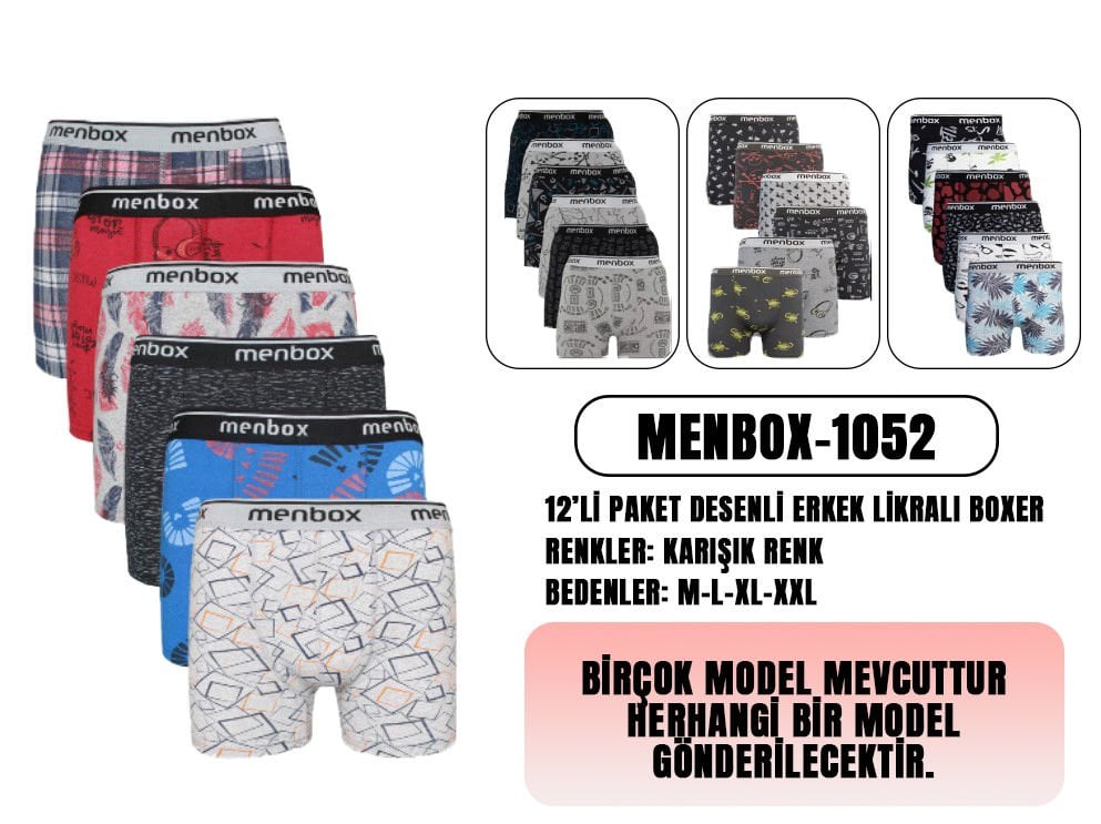 Menbox 1052 Desenli Erkek Likralı Boxer 12'li
