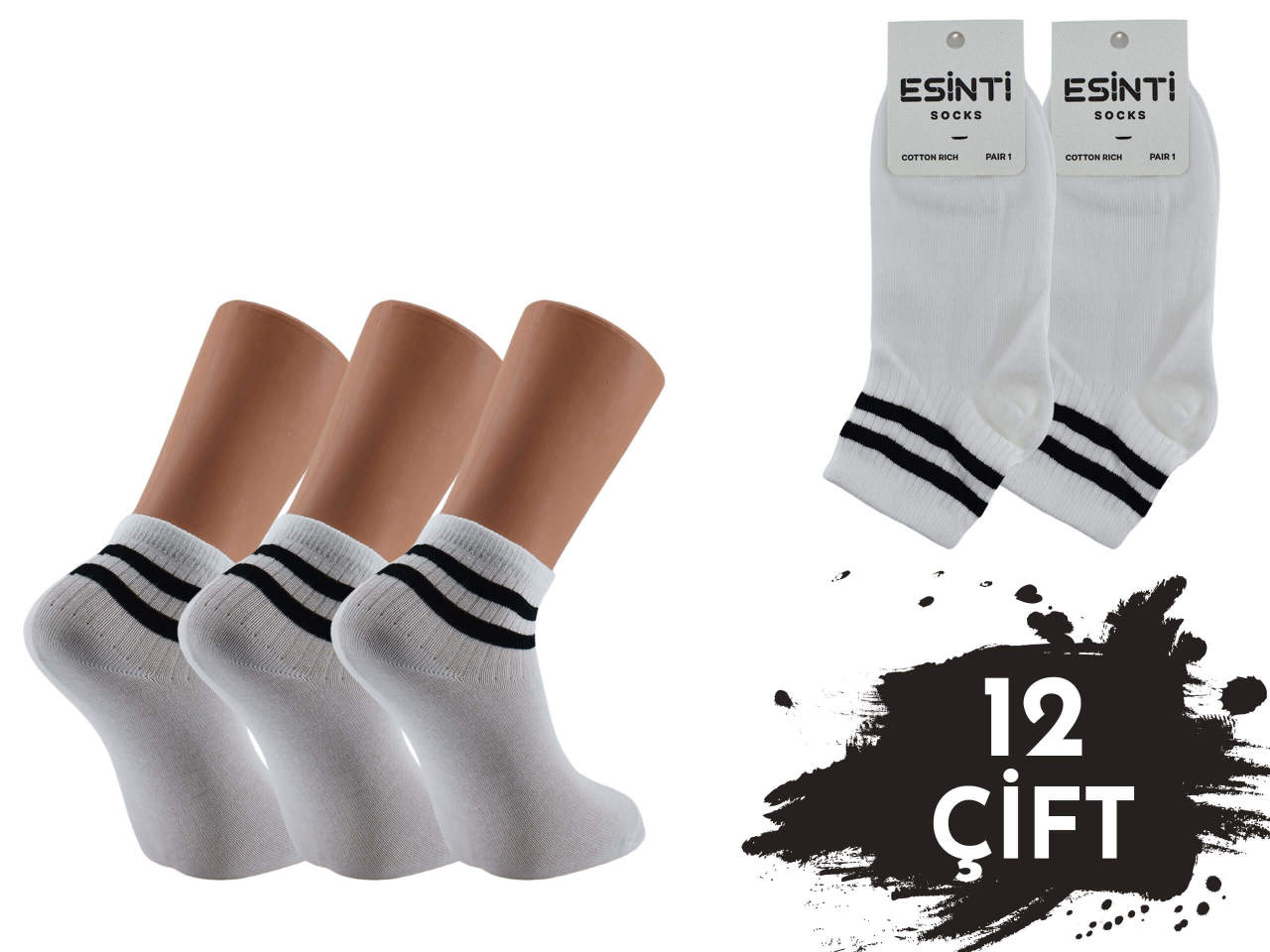 Esinti Beyaz %100 Pamuk Çemberli Erkek Patik 12'li