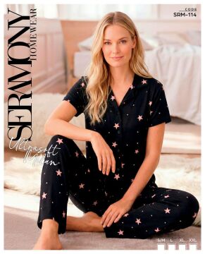 Seramony 114 (S-M-L-XL-XXL) Soft Milan Kısa Kollu Düğmeli Bayan Pijama Takım 4'lü